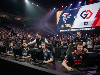 News-style photo of Falcons vs G2 at IEM Cologne 2026 Swiss Stage, tense on-stage