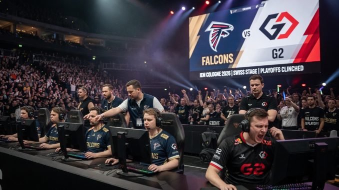 News-style photo of Falcons vs G2 at IEM Cologne 2026 Swiss Stage, tense on-stage