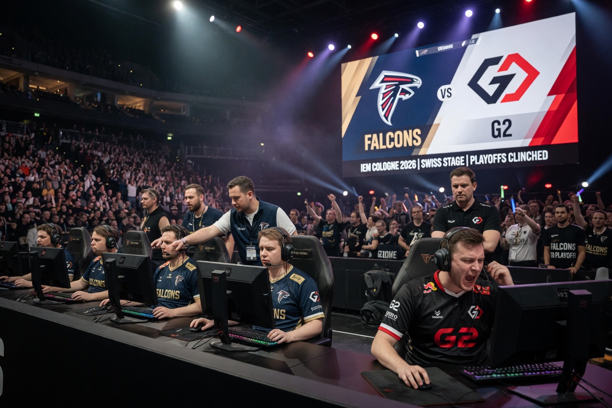 News-style photo of Falcons vs G2 at IEM Cologne 2026 Swiss Stage, tense on-stage